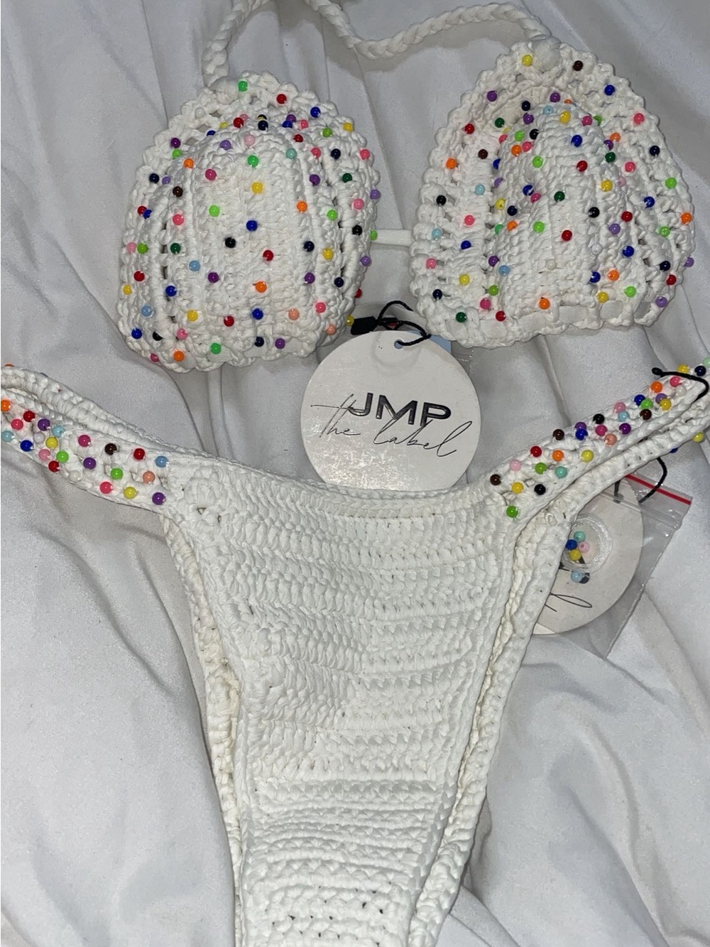 Jmp the label rainbow white crochet bikini set